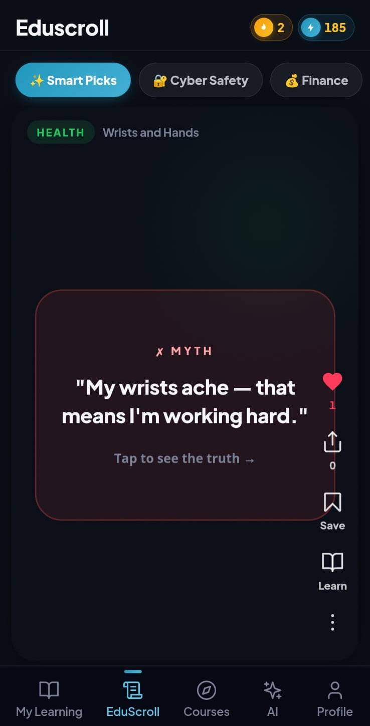 Edukacy Eduscroll feed showing a health myth-busting card