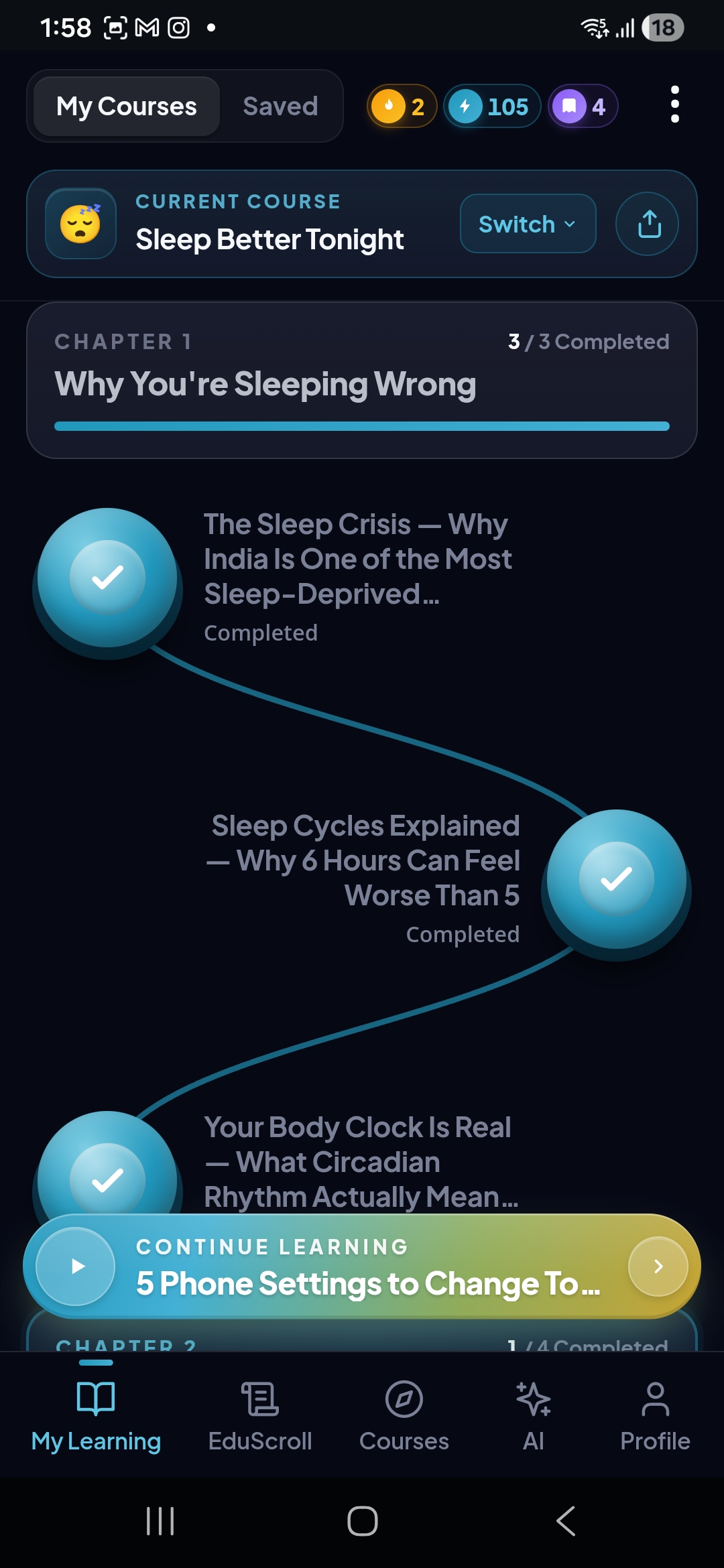 Edukacy app — My Courses screen showing the Sleep Better Tonight course path